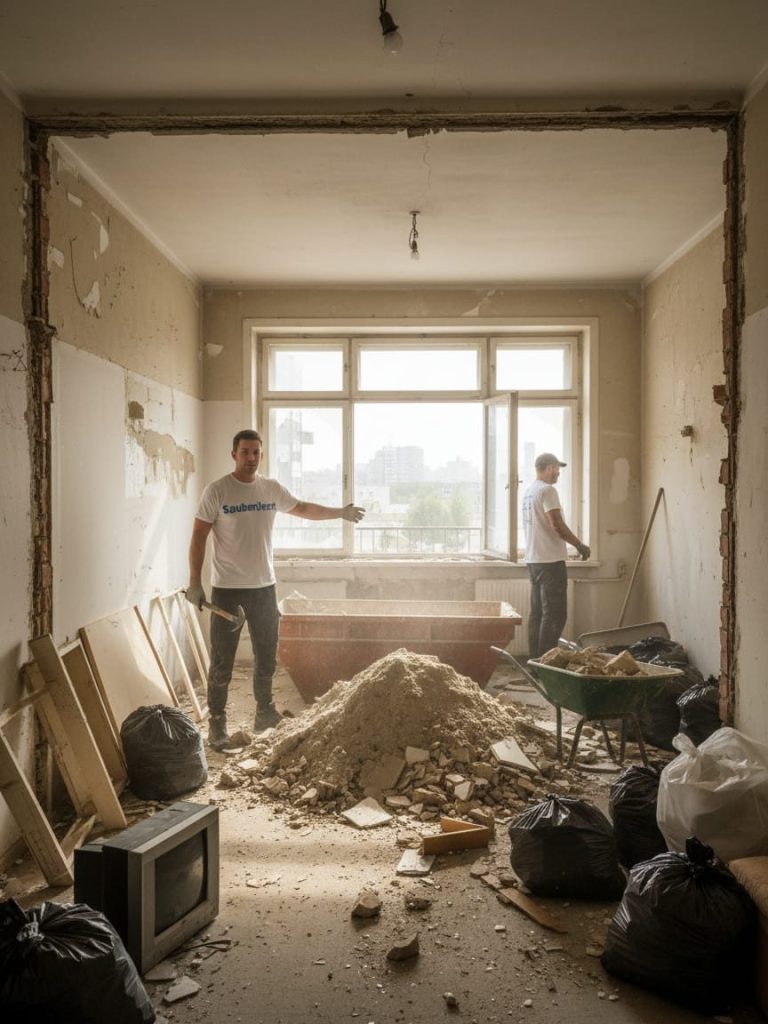 Zwei Bauarbeiter im Inneren eines Renovierungsprojekts, umgeben von Werkzeug und Abfällen.